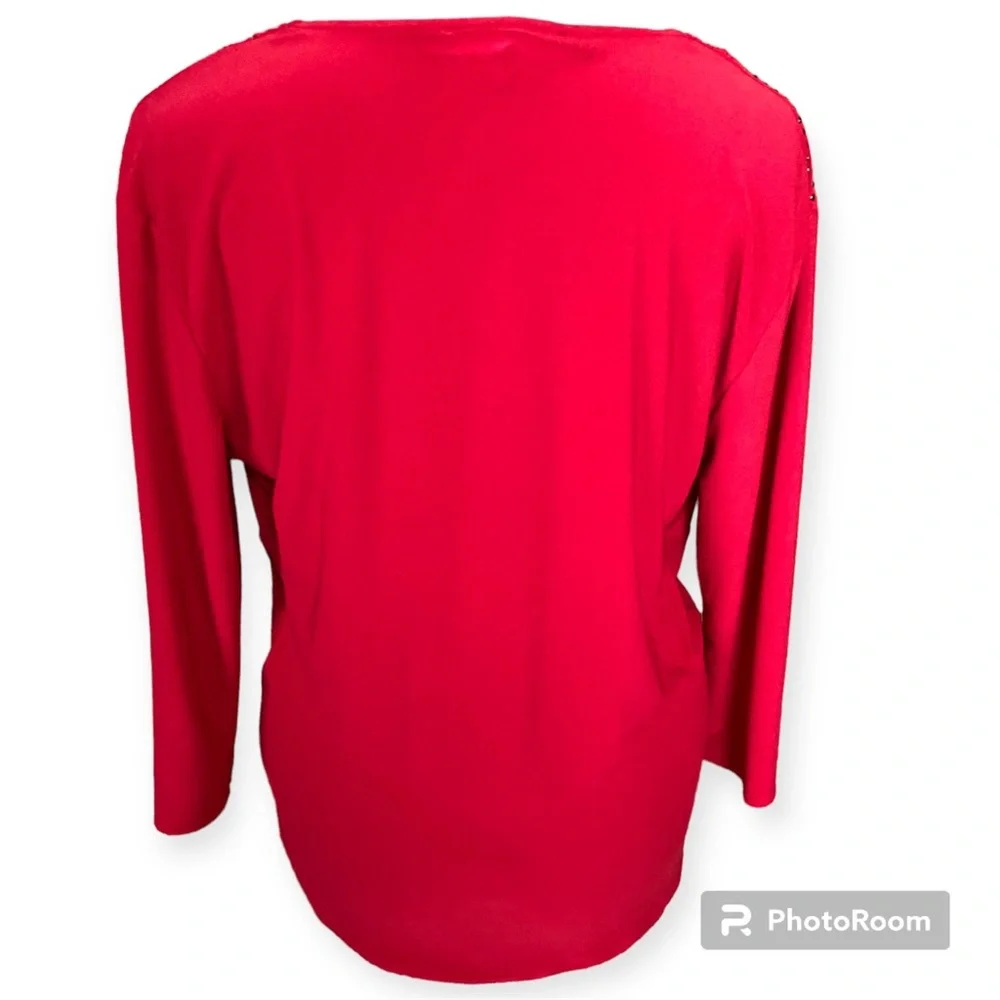 Chaus Red Gathered V-Neck Top 3/4 Sleeves Blouse with Black Rhinestones - Picture 5 of 5